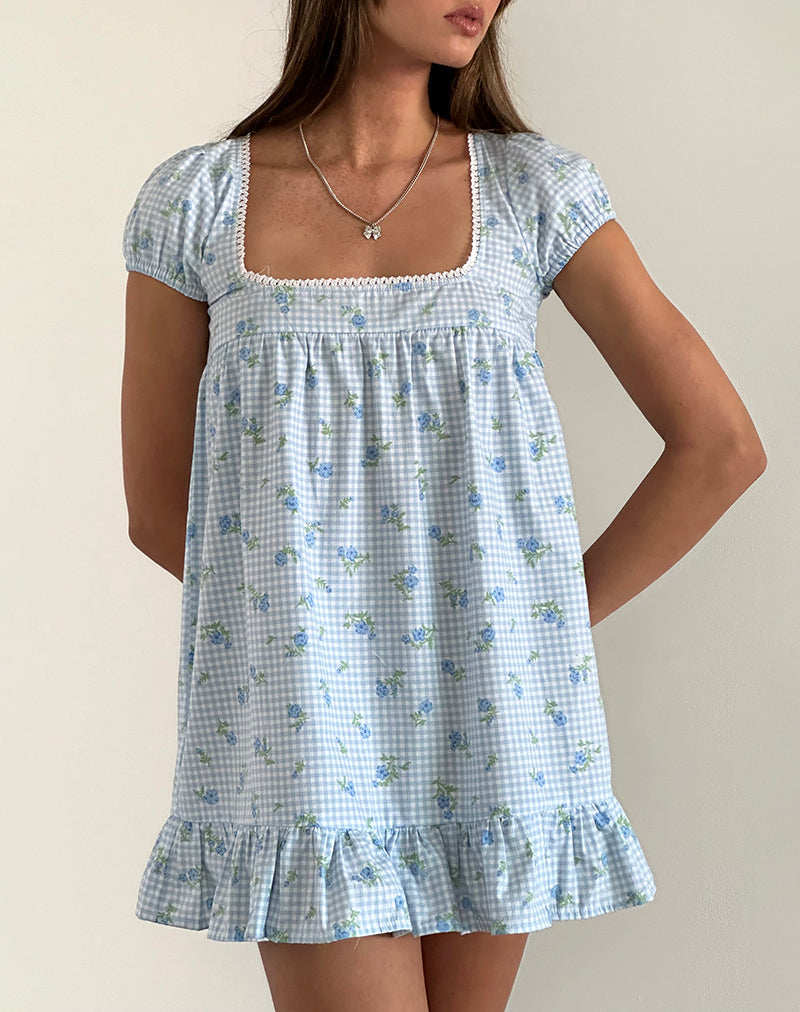 Mini jurk met biesje in blauw gebloemd Gingham