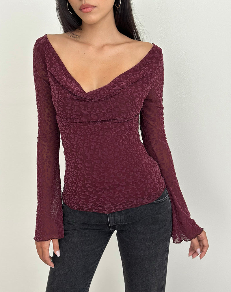 Afbeelding van Trivedi Lange Mouw Top in Flock Mini Luipaard Plum