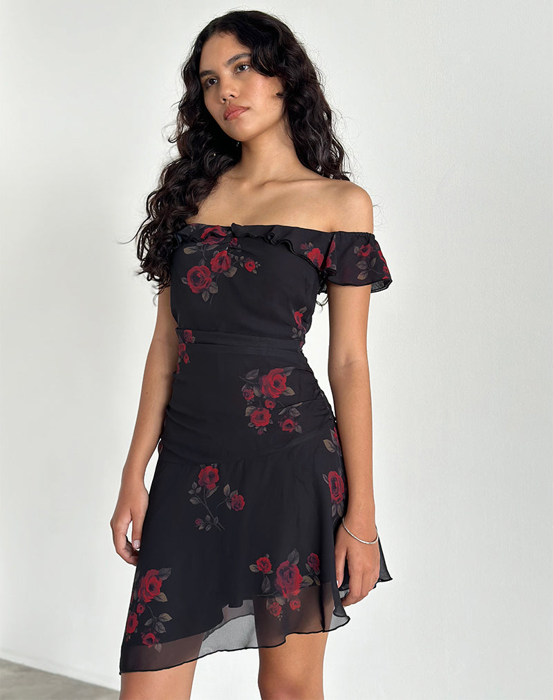 Ursula Bardot Mini Jurk in Zwart Vintage Rose