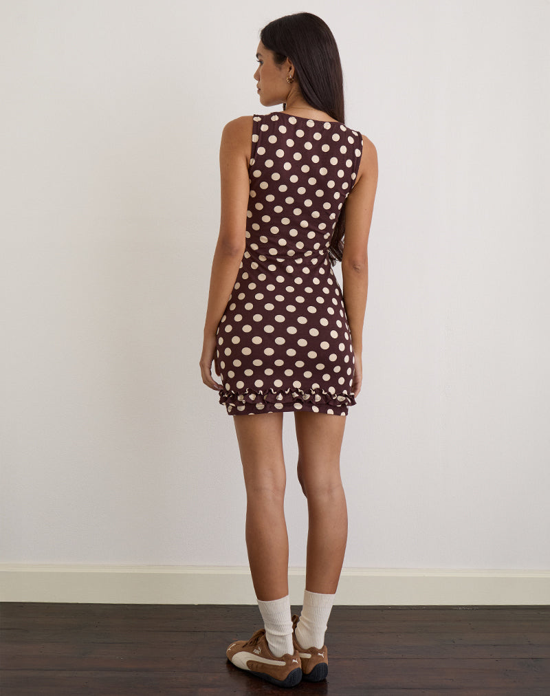 Afbeelding van Vadora Frill Hem Mini Dress in Bruin met Grote Polka Crème