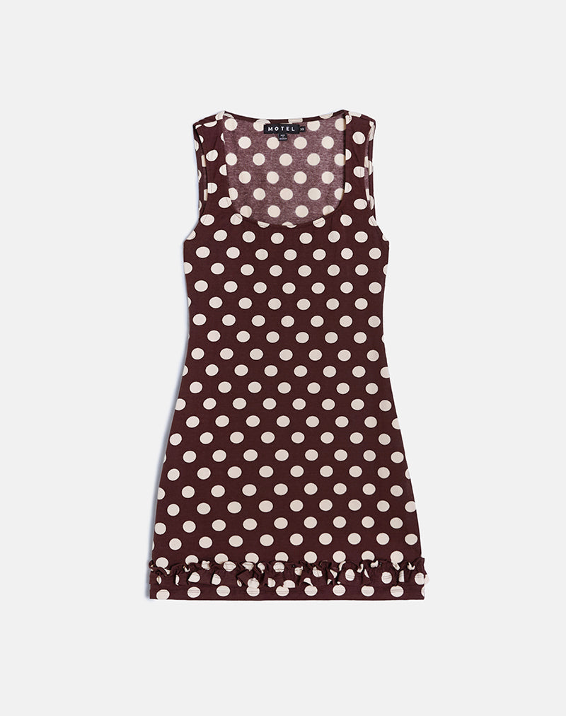 Vadora Mini Jurk met Franjezoom in Bruin met Grote Polka Crème