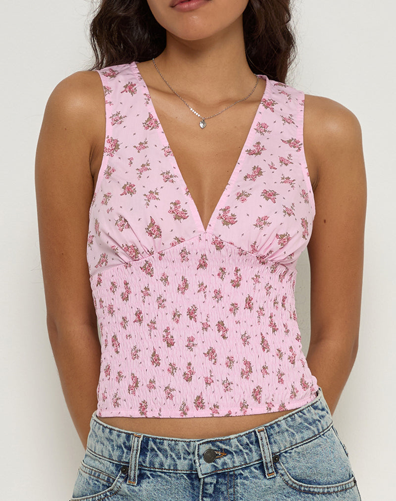 Afbeelding van Valisa Plunge Top in Floral Romance Pink
