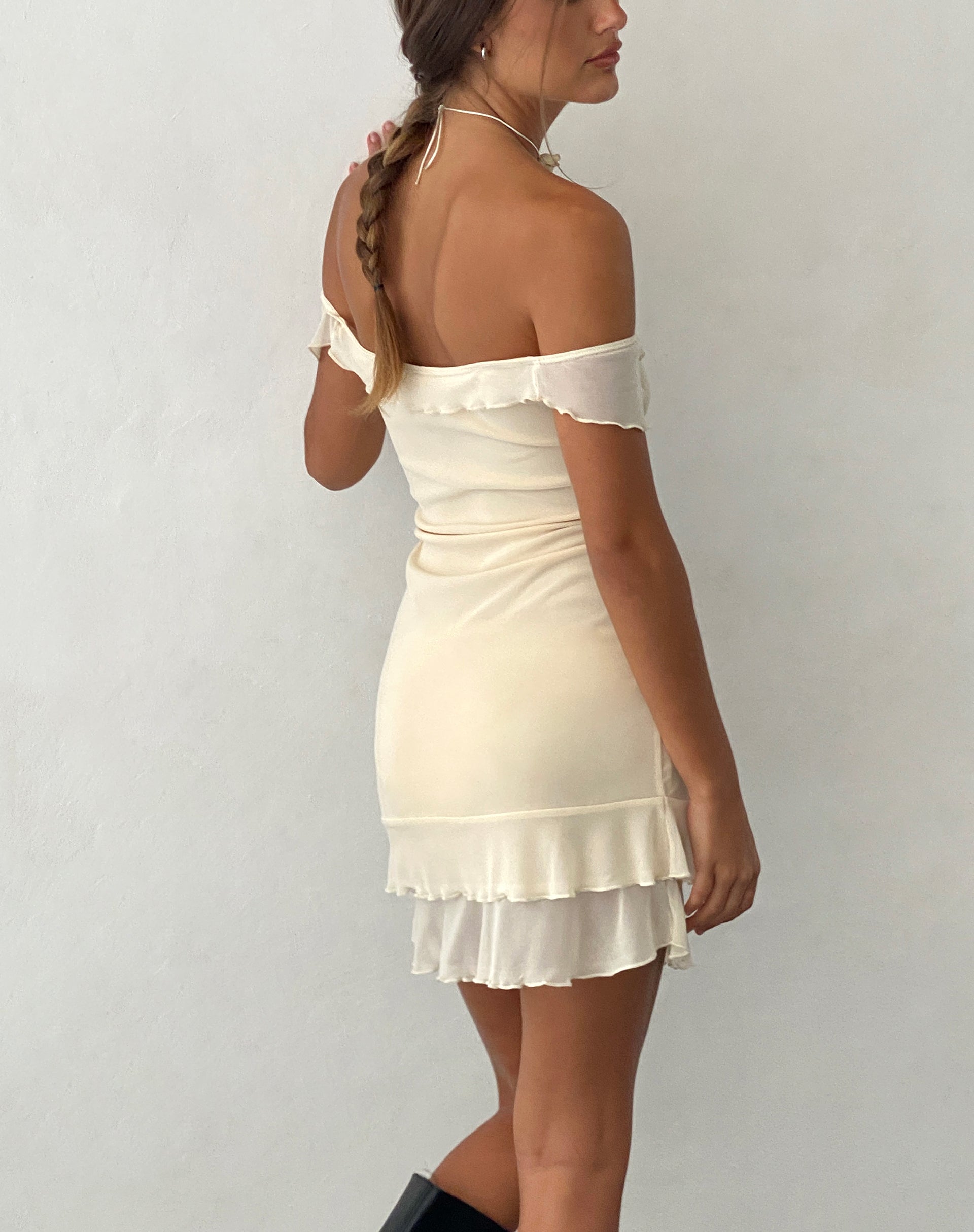 Afbeelding van Valory Bardot Mini Jurk in Ivoor Mesh