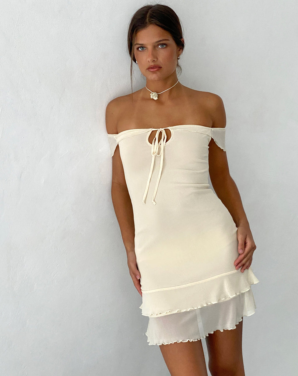 Valory Bardot Mini Jurk in Ivoor Mesh