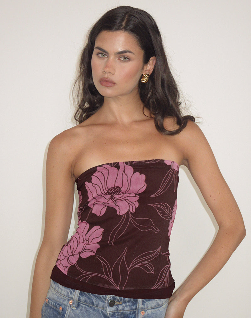 Varsha Bandeau Top in Flare Bloemen Roze Bruin