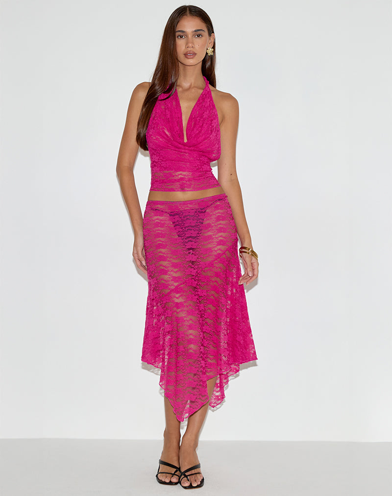 Afbeelding van Cinta Low Rise Midi Rok in Orchidee Kant Hot Pink