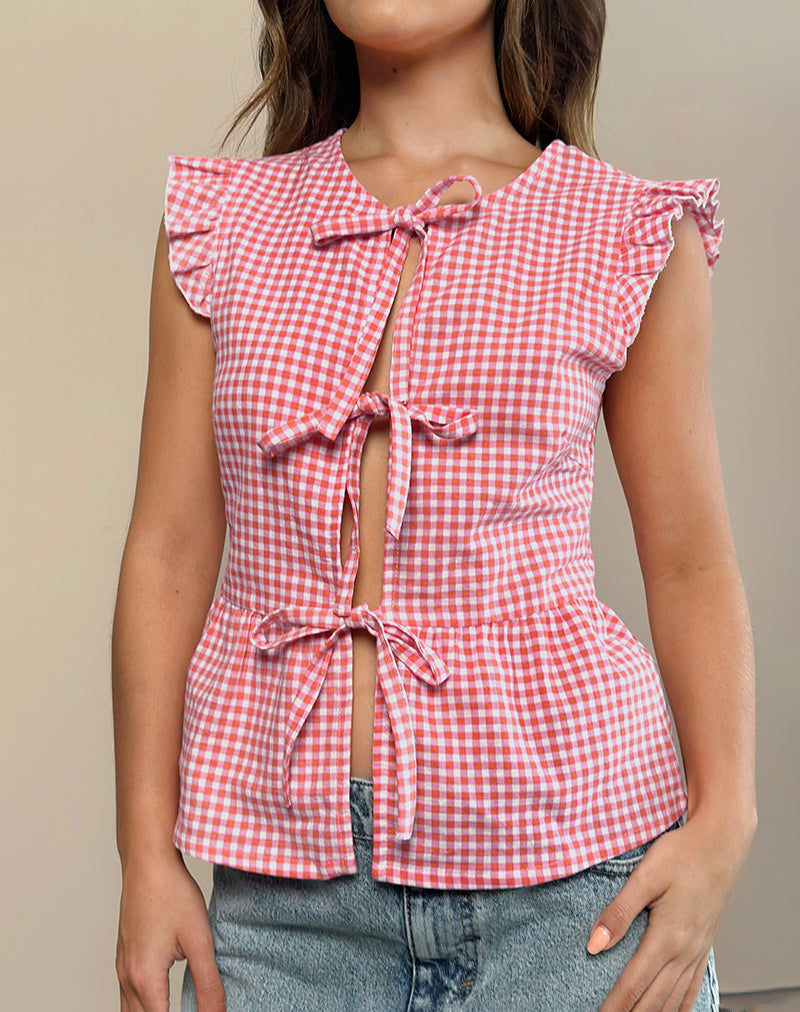 Vataka Top Met Stropdas Voor In Mini Gingham Perzik