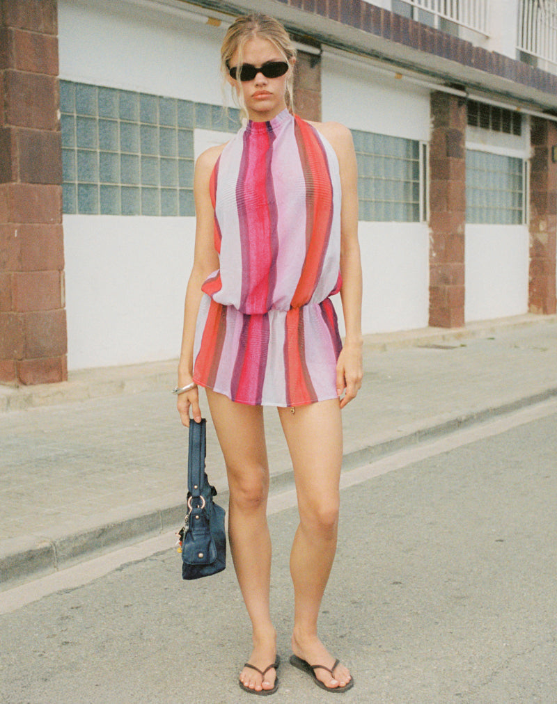 Veloria Mini jurk met halterhals in roze chiffon met geverfde streep