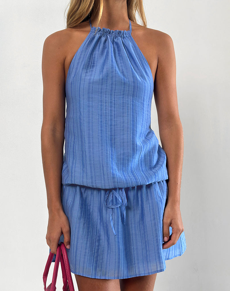 Veloria Mini jurk met halterhals in blauw chiffon met geverfde streep