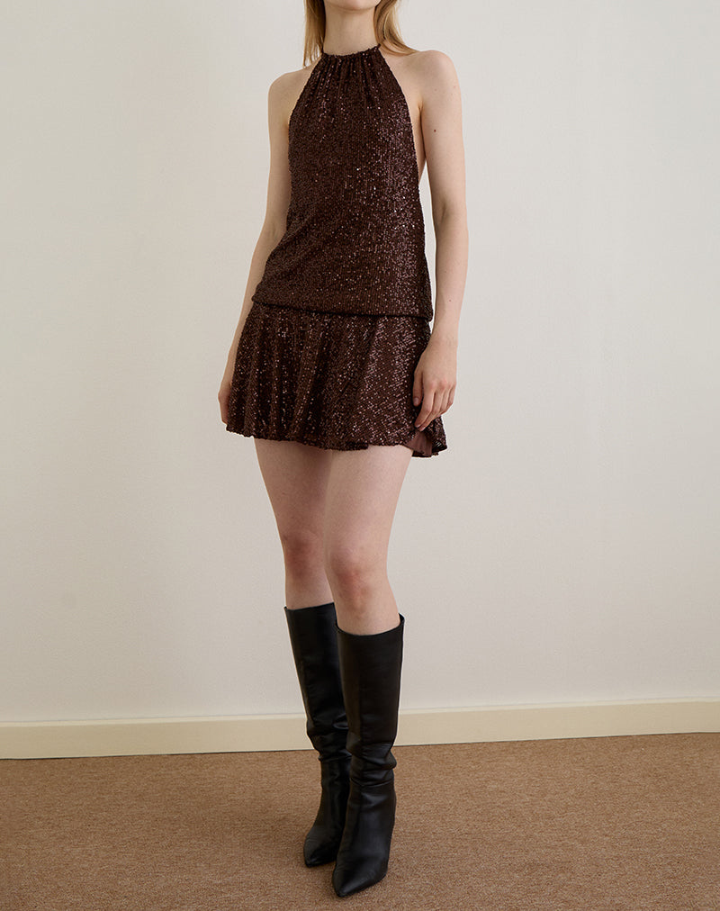 Veloria Mini Jurk in Drape Pailletten Bruin