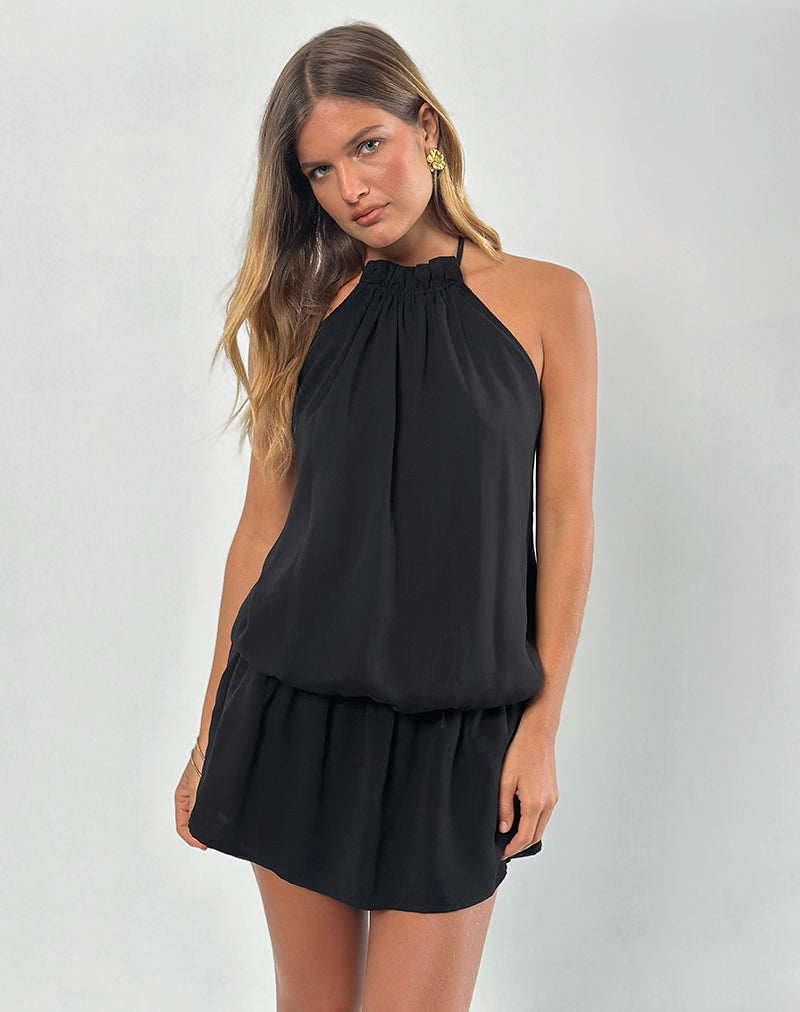 Afbeelding van Veloria Mini jurk met halterhals in zwart chiffon met voering