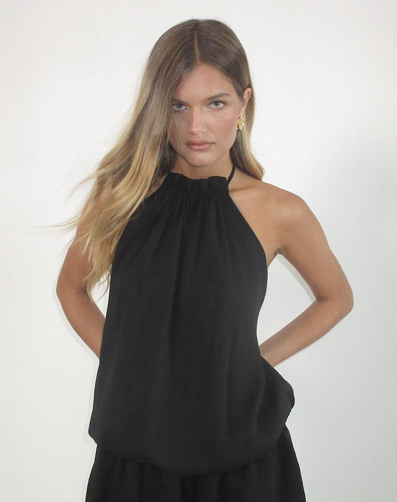 Afbeelding van Veloria Mini jurk met halterhals in zwart chiffon met voering