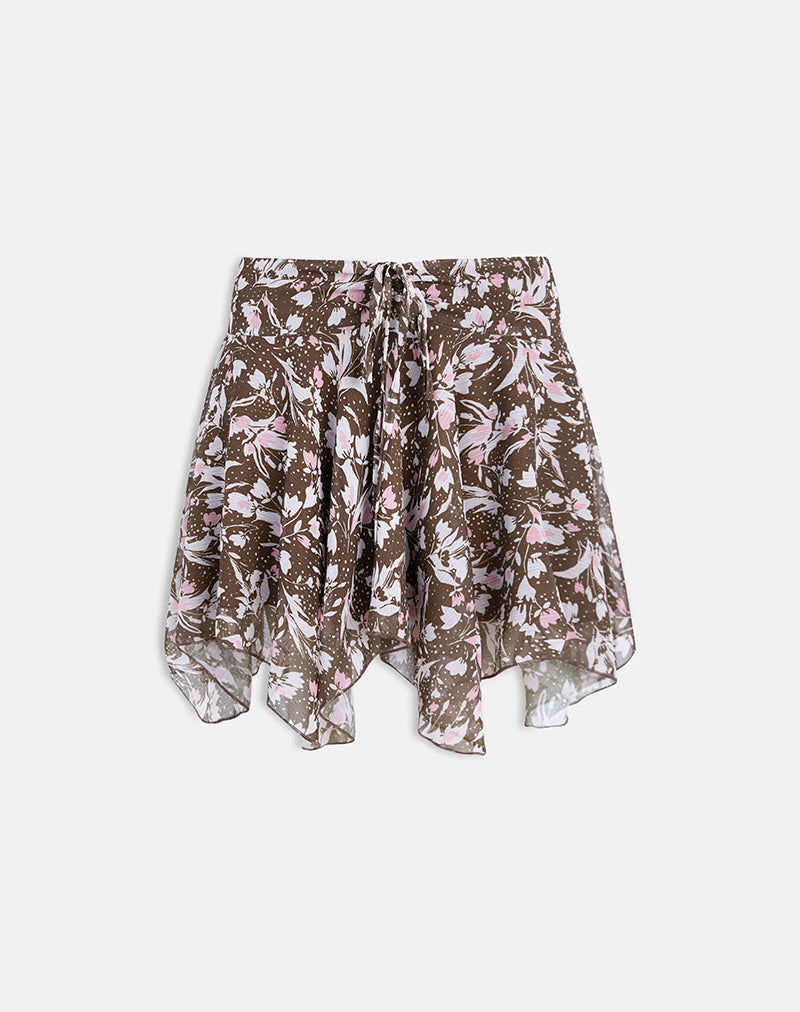 Afbeelding van Veny minirok in bruin en roze polkabloem chiffon
