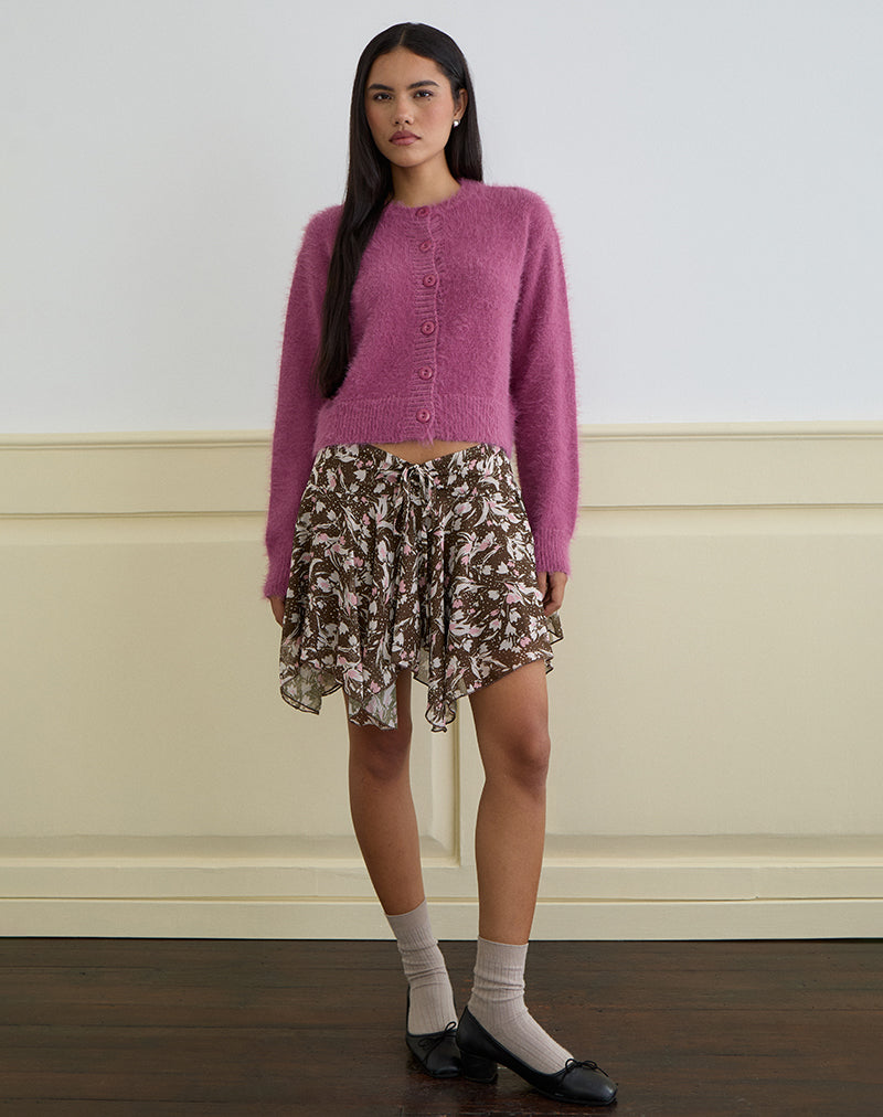 Afbeelding van Veny minirok in bruin en roze polkabloem chiffon