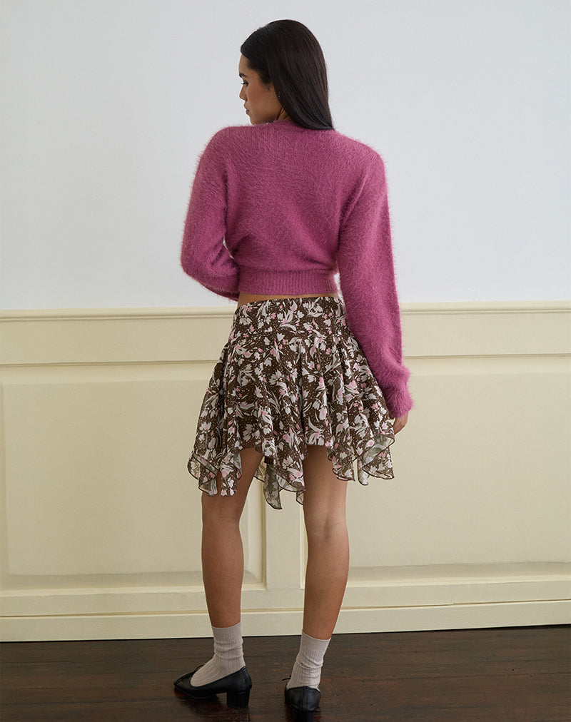 Afbeelding van Veny minirok in bruin en roze polkabloem chiffon