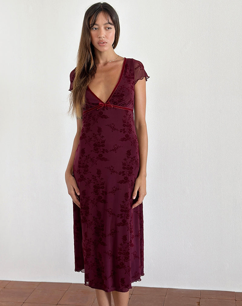 Afbeelding van Vilinia Midi Dress in Botanical Flower Maroon