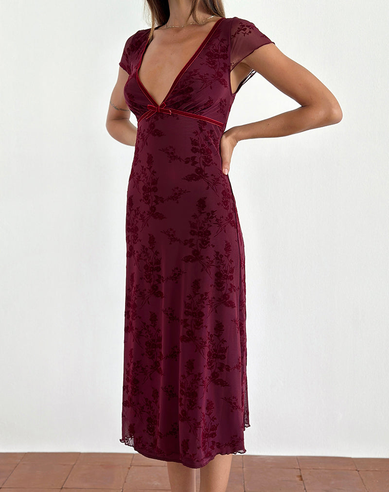 Afbeelding van Vilinia Midi Dress in Botanical Flower Maroon