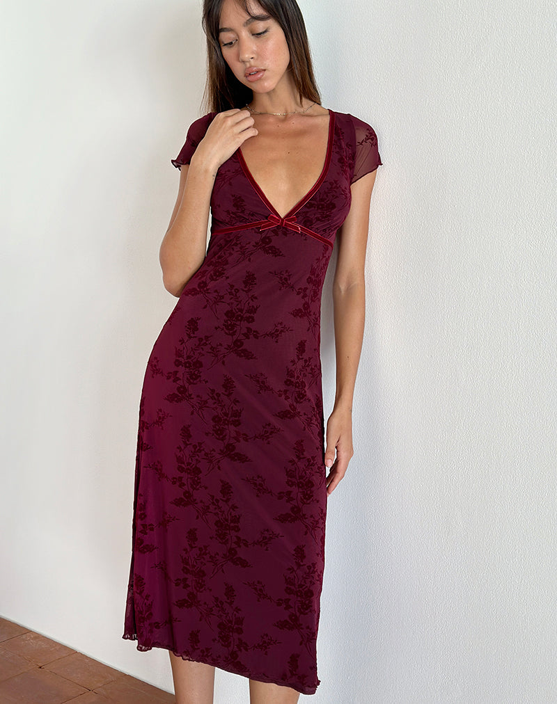 Afbeelding van Vilinia Midi Dress in Botanical Flower Maroon