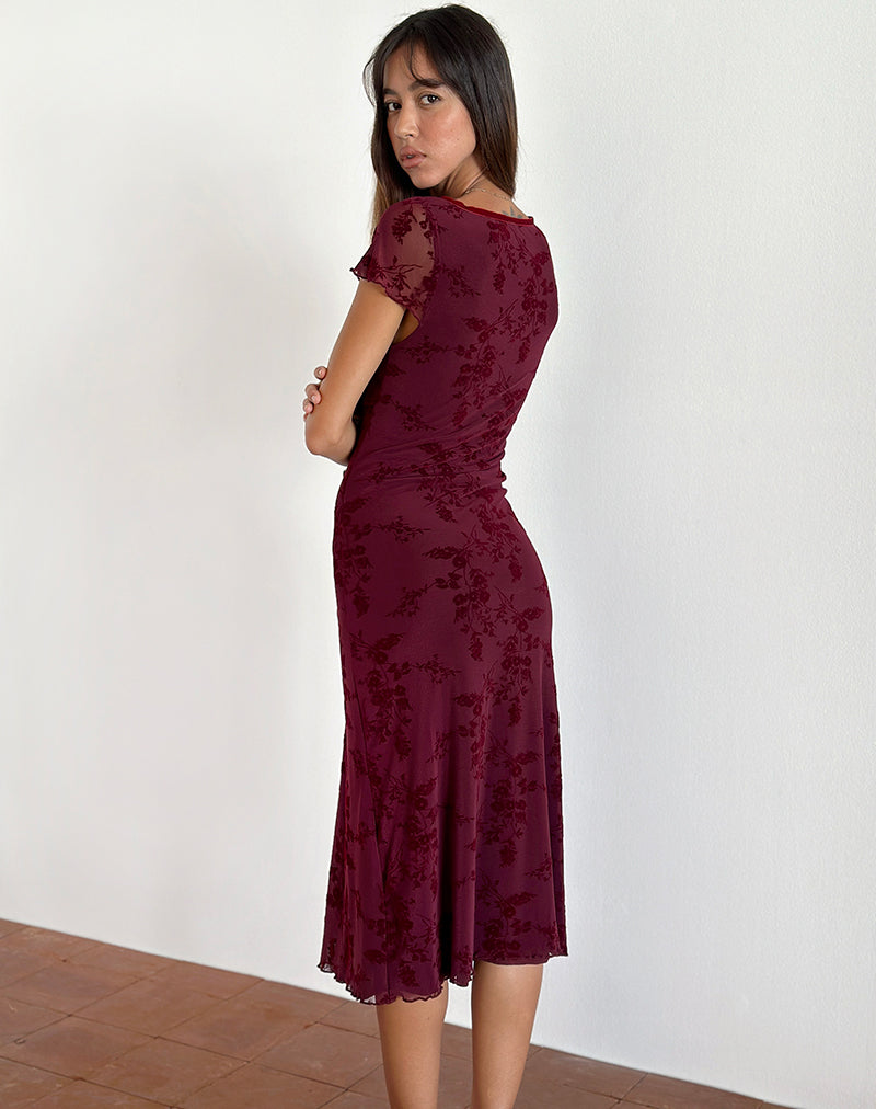 Afbeelding van Vilinia Midi Dress in Botanical Flower Maroon
