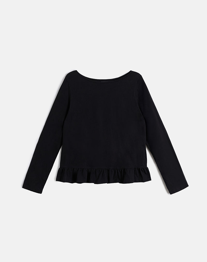 Afbeelding van Vivala Boxy Lange Mouw Top in Zwart met Franjezoom