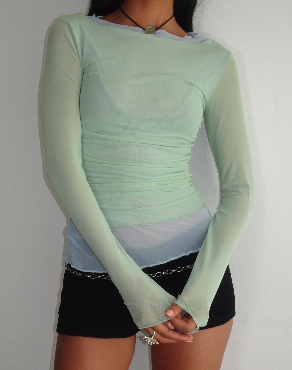 Vrist Mesh Top met lange mouwen in Frost Blue