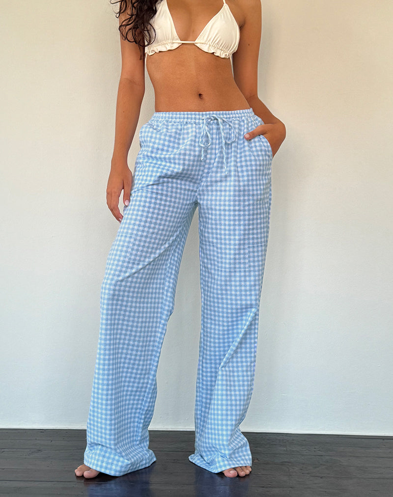 Wasic broek met wijde pijpen in blauw geruit linnen
