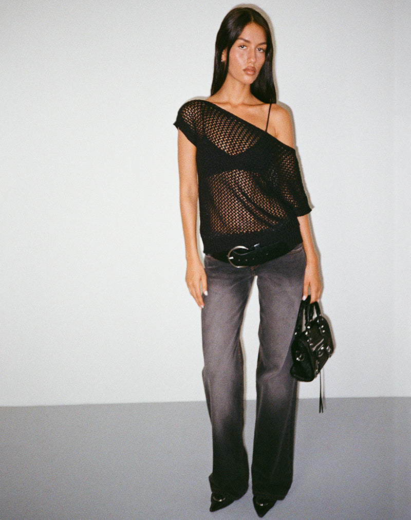 Afbeelding van Weavora Slash Hals Top in Open Knit Zwart