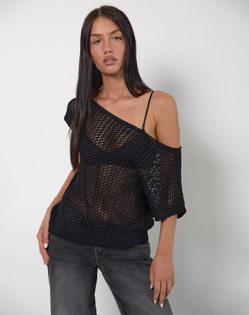 Afbeelding van Weavora Slash Hals Top in Open Knit Zwart
