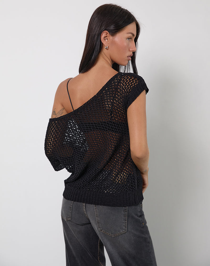 Afbeelding van Weavora Slash Hals Top in Open Knit Zwart