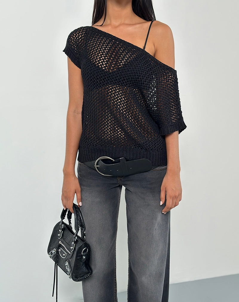 Afbeelding van Weavora Slash Hals Top in Open Knit Zwart