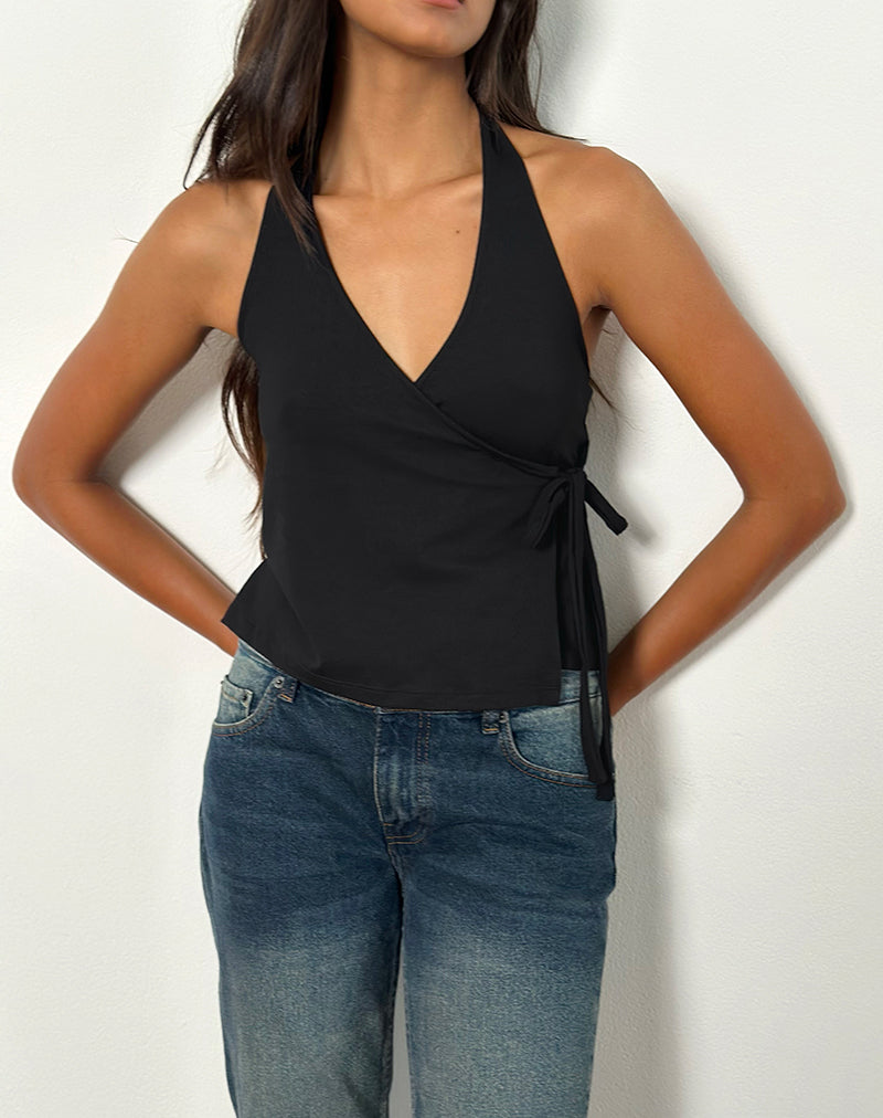 Afbeelding van Wisty Halter Hals Wrap Top in Jersey Zwart