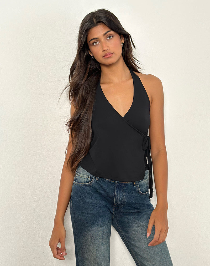 Afbeelding van Wisty Halter Hals Wrap Top in Jersey Zwart