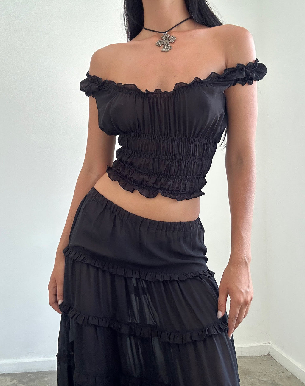 Xavi Bardot top met rimpels in chiffon zwart