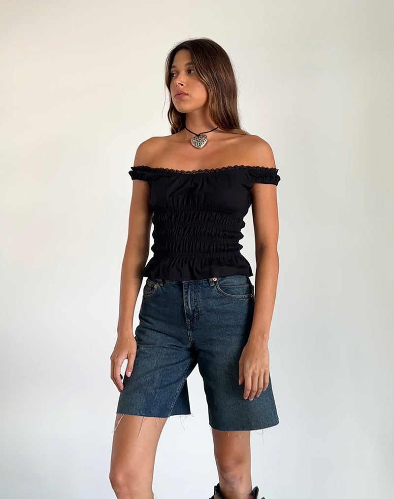 Afbeelding van Xavinia Shirred Bardot Top in Zwart Popeline