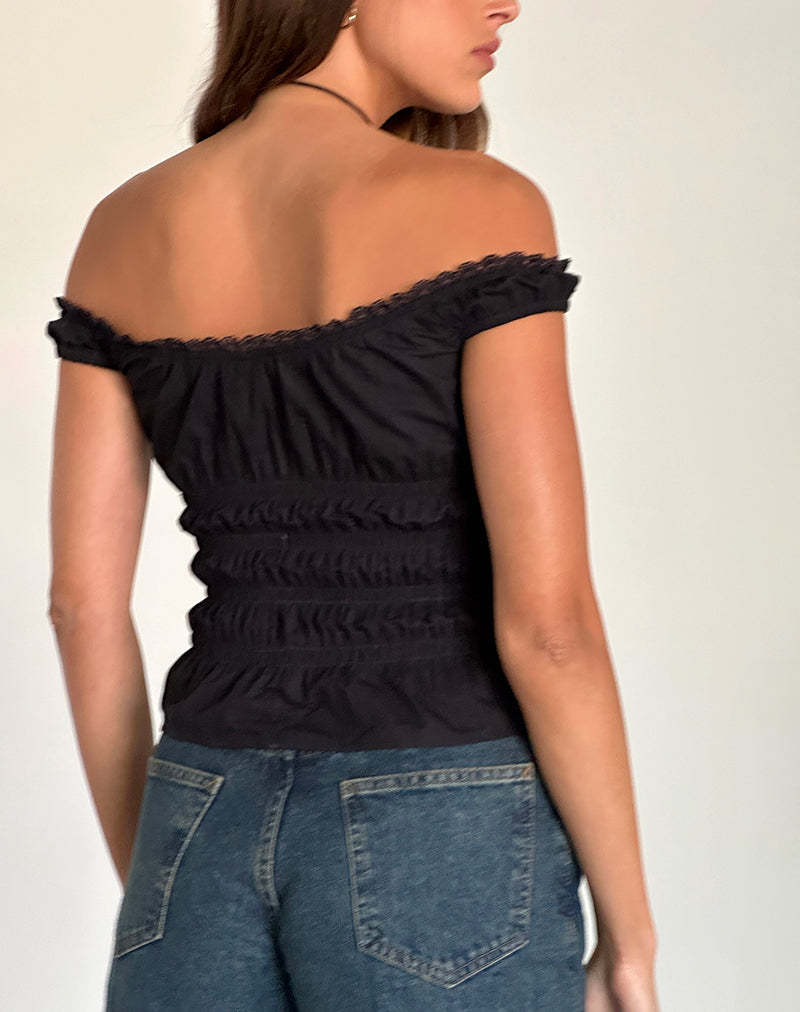 Afbeelding van Xavinia Shirred Bardot Top in Zwart Popeline