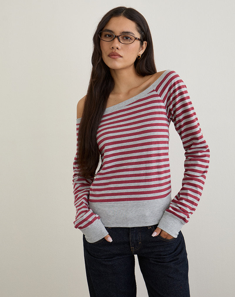 Afbeelding van Yacin Slouchy Top in Grijs met Bourgondische Streep