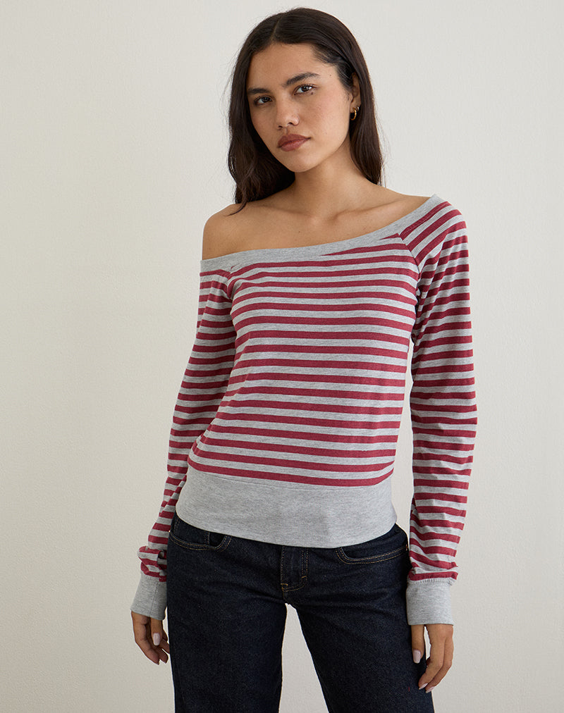 Afbeelding van Yacin Slouchy Top in Grijs met Bourgondische Streep