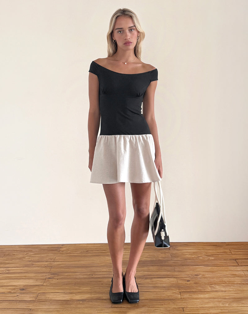 Afbeelding van Yael Mini Dress in Lycra Linnen Zwart en Ecru