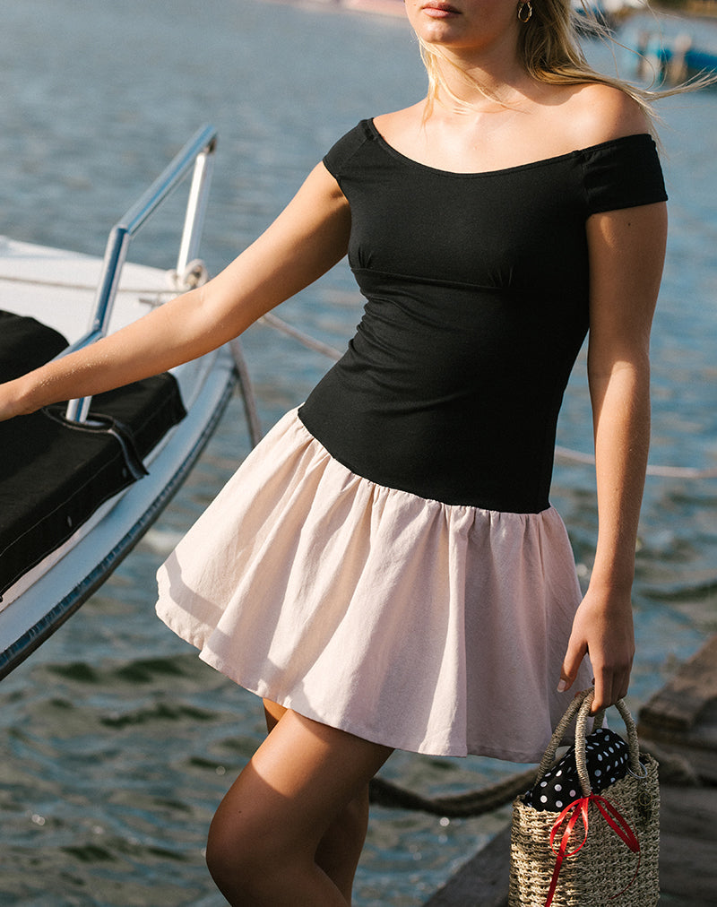 Yael Mini Dress in Lycra Linnen Zwart en Ecru