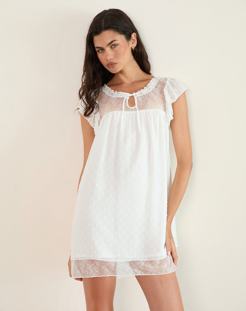 Yagis Smock Mini Jurk in Dobby Chiffon Wit Kant