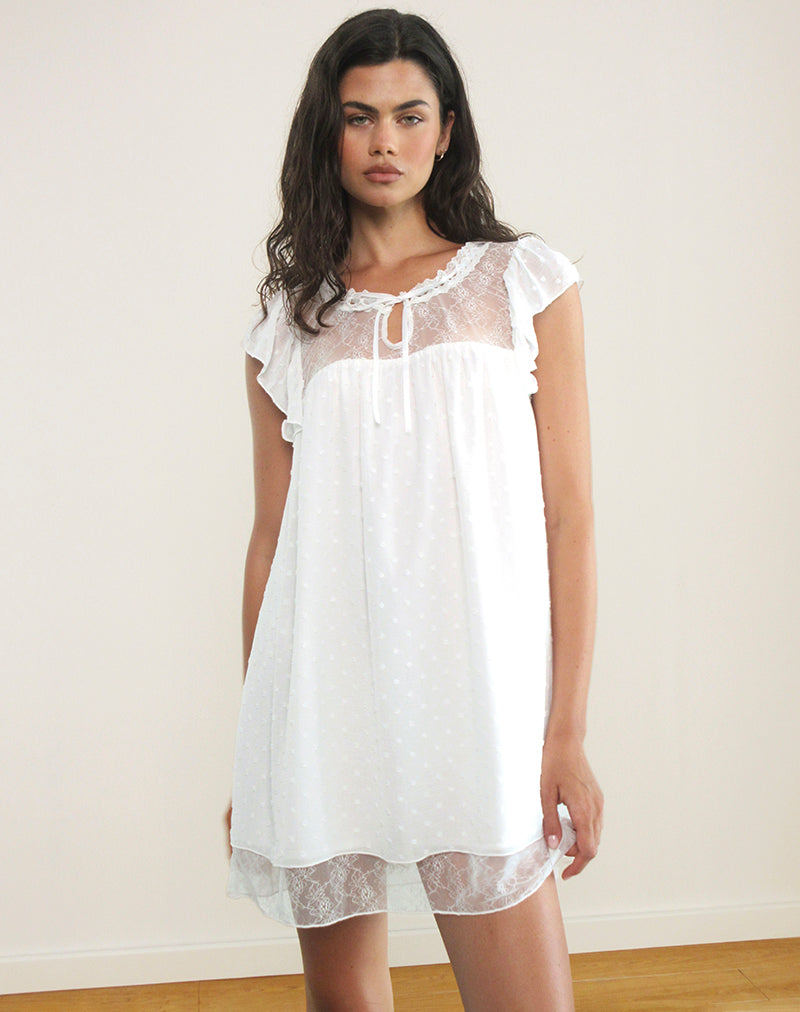 Afbeelding van Yagis Smock Mini Jurk in Dobby Chiffon Wit Kant