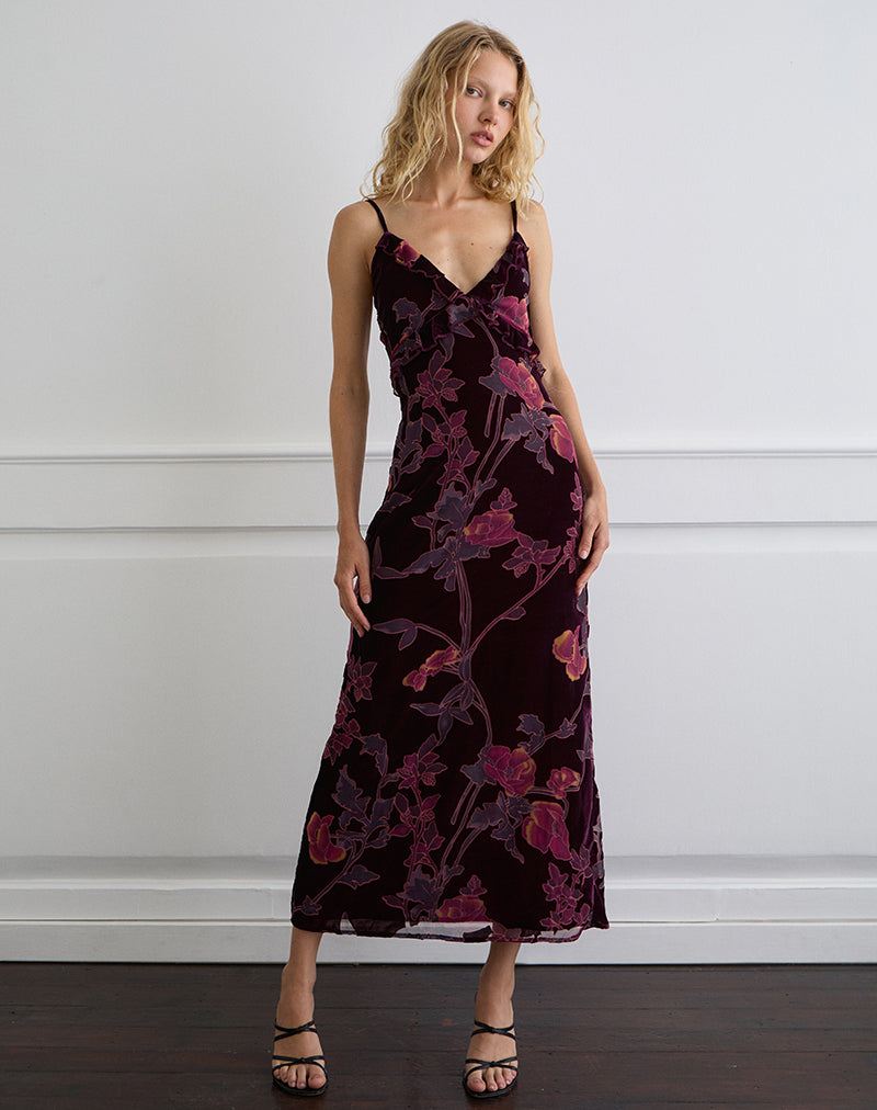 Yamira Maxi Dress in Floral Devore Bourgondië