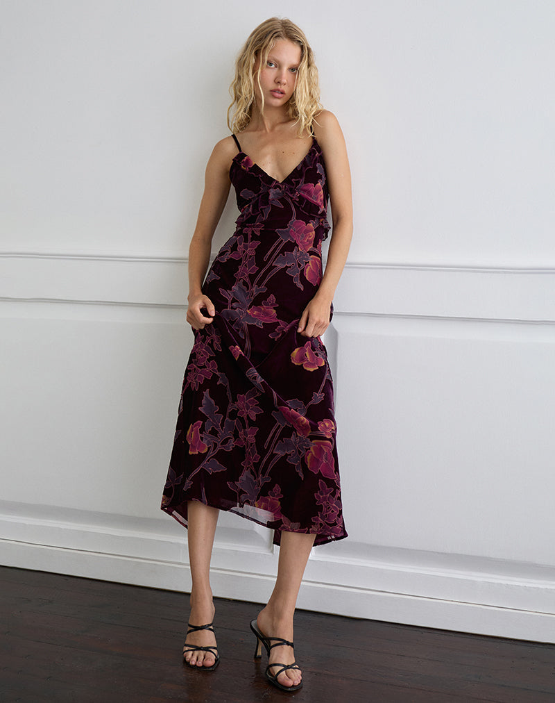 Afbeelding van Yamira Maxi Dress in Floral Devore Bourgondië