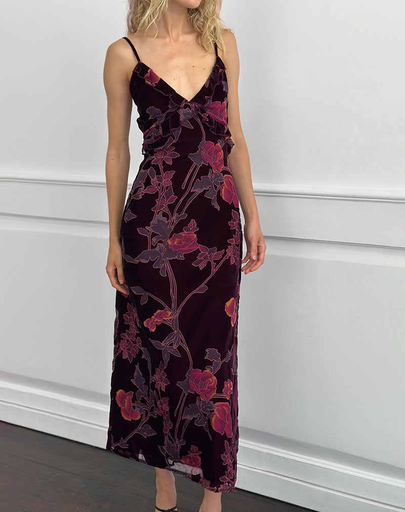 Afbeelding van Yamira Maxi Dress in Floral Devore Bourgondië