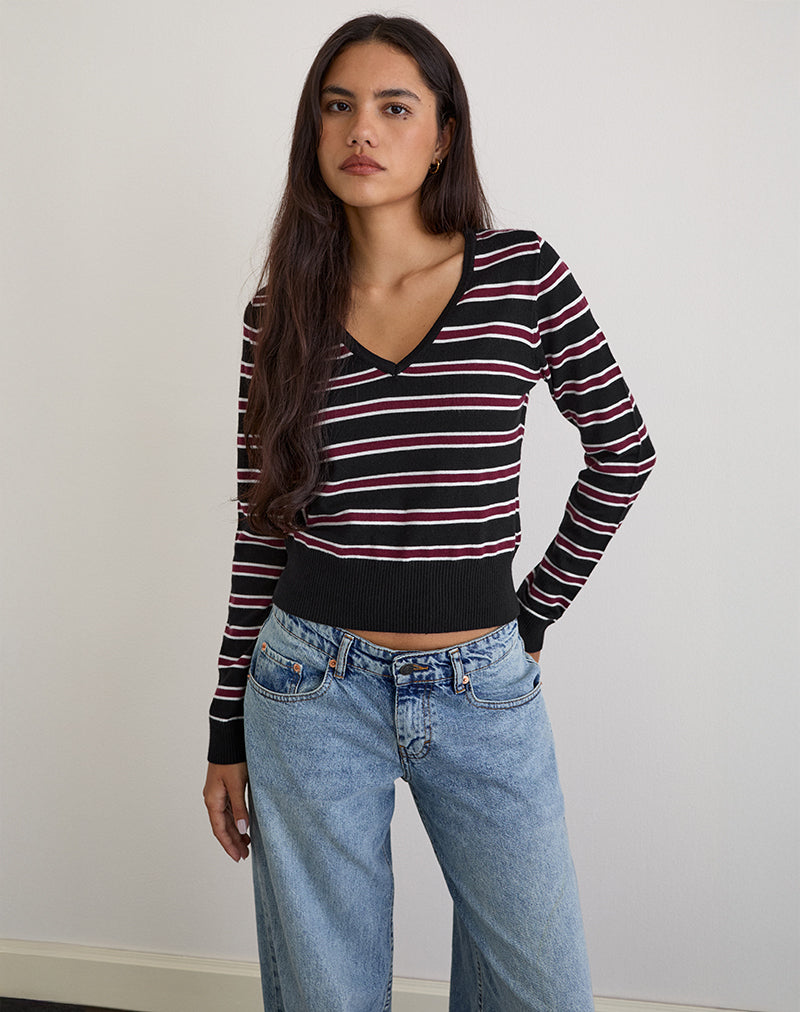 Yasra Trui in Stripe Knit Zwart Bourgondië