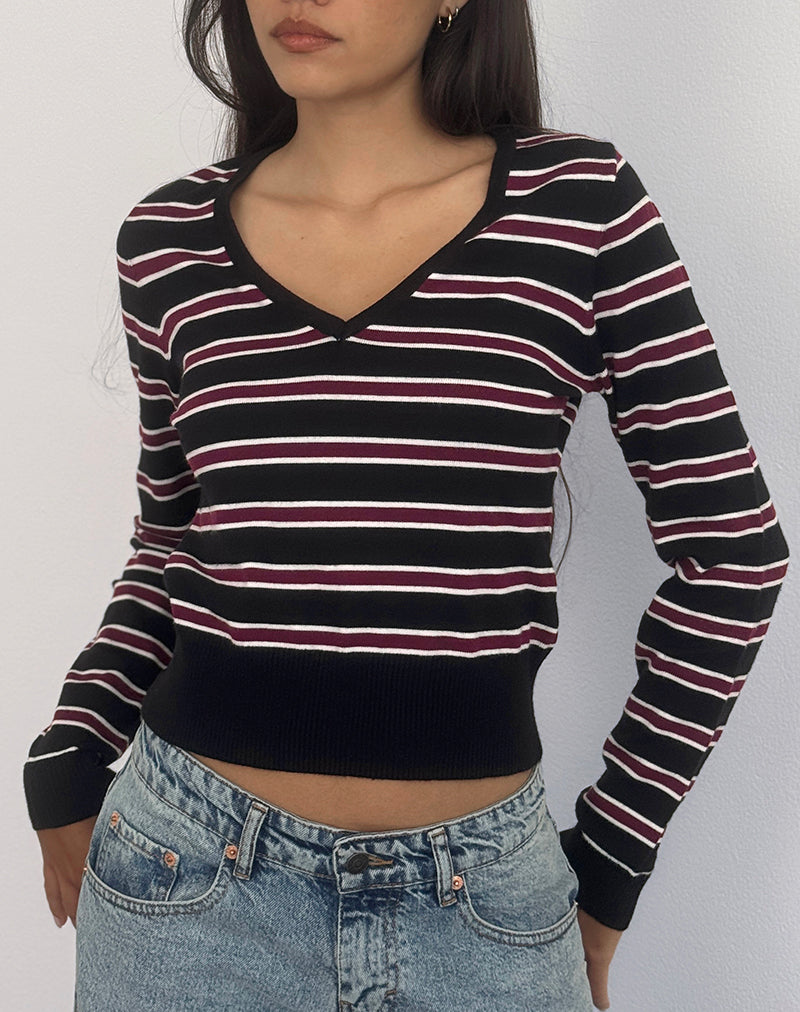 Afbeelding van Yasra Trui in Stripe Knit Zwart Bourgondië