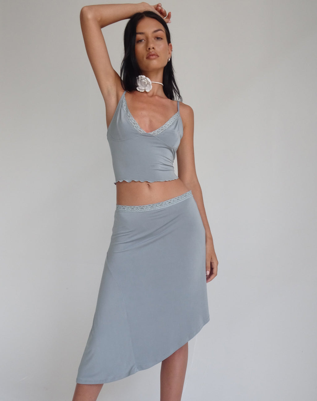 Drew Asymmetrische Midi Rok in Slinky Grijs
