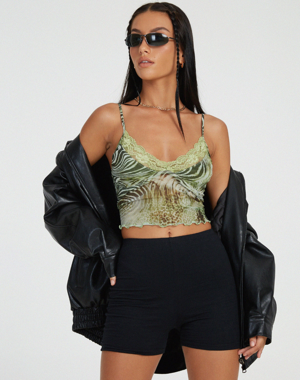 Yenika Cami Top in Mesh Cheetah Groen