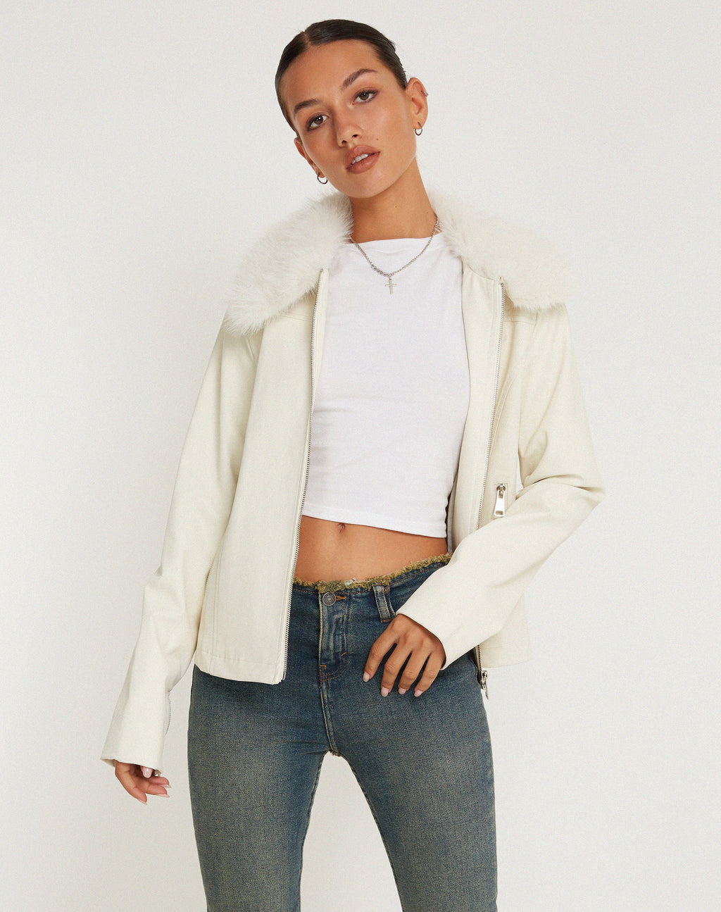 Yindo Zip Up Jas in PU Wit