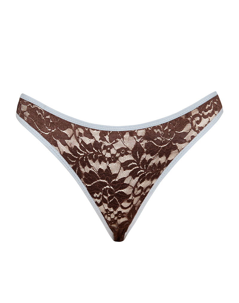 Afbeelding van Yinis Knickers in Chocolade Kant met Blauwe Binding